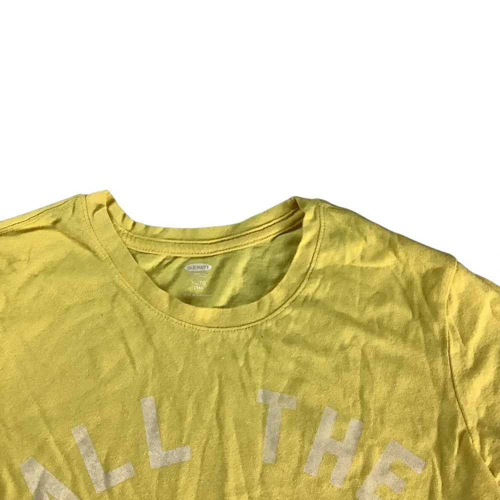 Old Navy T-Shirt Girls XL(14) Yellow Graphic Print All The Feels Heart Casual